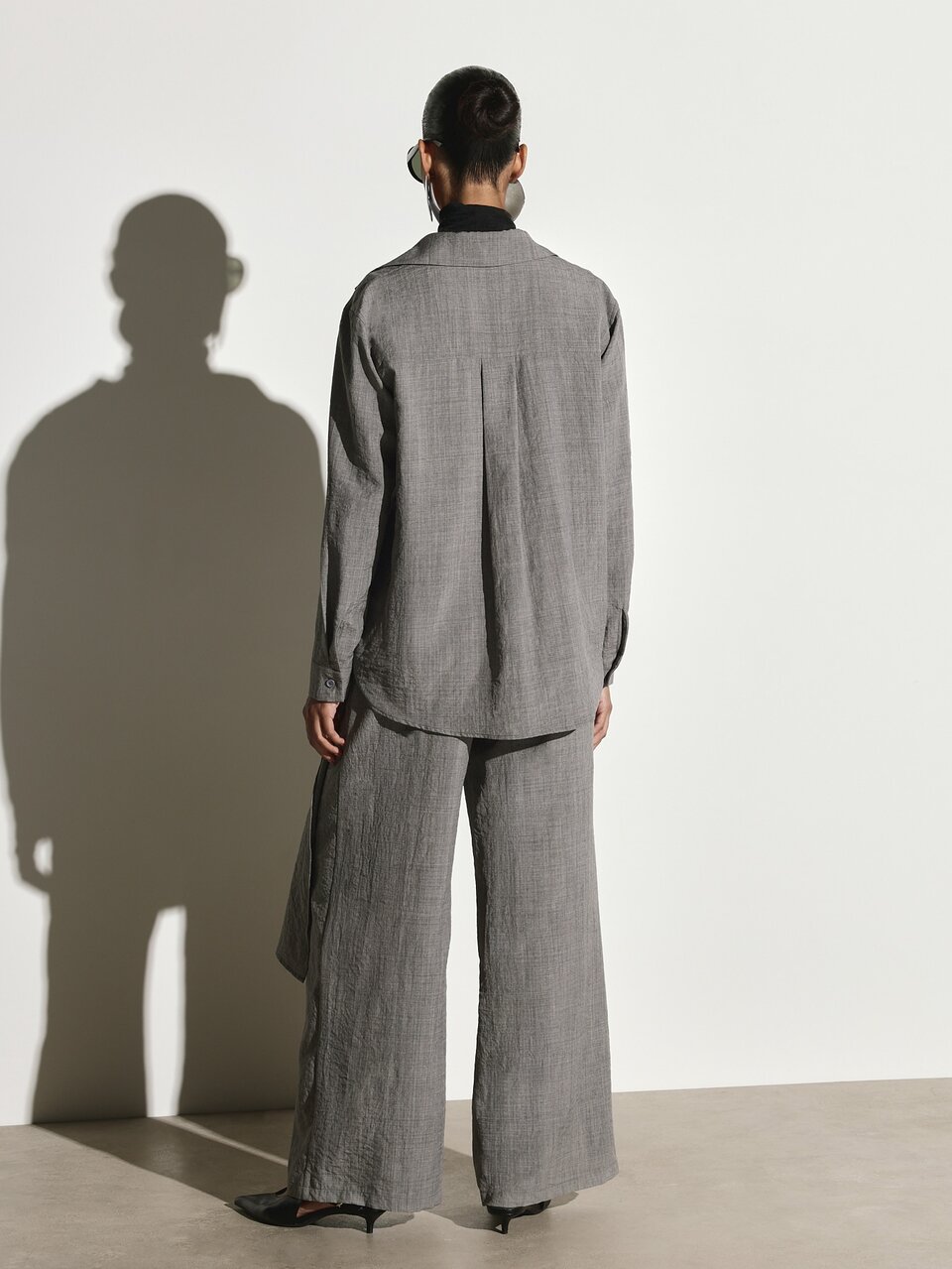 KSTM Linen Feel Oversized Elegant Button-Up Shirt And Wide Leg Trouser Co-Ord Set For Autumn Office Wear Grey