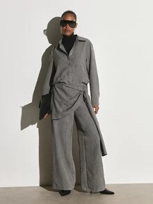 KSTM Linen Feel Oversized Button-Up Shirt And Wide Leg Trouser Co-Ord Set For Summer Office Wear - Grey - View 3