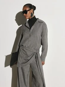KSTM Linen Feel Oversized Button-Up Shirt And Wide Leg Trouser Co-Ord Set For Summer Office Wear - Grey - View 5