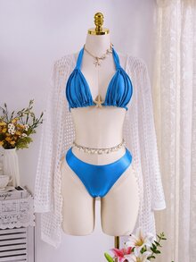 SHEIN Swim 女款 2 件組海灘與海邊約會比基尼套裝，時尚性感優雅浪漫復古風，粗肩帶搭配編織繩與抓皺設計，咖啡棕大地色系，女款海灘兩件式泳衣 - 淺藍色 - 查看 4