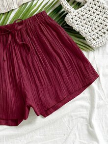Soleia 女款純色細肩帶上衣與短褲休閒牙買加波希米亞風性感日常海灘度假兩件套 酒紅色 夏季 無胸墊 - 酒紅色 - 查看 5