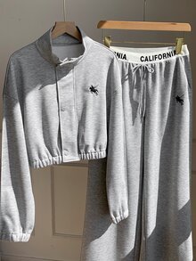 Comfortcana طقم نسائي كاجوال يومي من توب بأكمام طويلة وسحاب وبنطال بنقشة الفارس - رمادي فاتح - مشاهدة 5