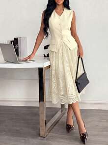 Modelyn Women's Spring/Summer Butter Yellow Pale Yellow Woven Sleeveless V-Neck Waist-Cinching Button-Up A-Line Elegant Commuter Top Lace Skirt 2 Pieces Set - Apricot - View 4
