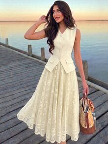 Modelyn Women's Spring/Summer Butter Yellow Pale Yellow Woven Sleeveless V-Neck Waist-Cinching Button-Up A-Line Elegant Commuter Top Lace Skirt 2 Pieces Set - Apricot - View 3