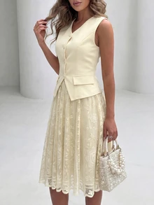 Modelyn Women's Spring/Summer Butter Yellow Pale Yellow Woven Sleeveless V-Neck Waist-Cinching Button-Up A-Line Elegant Commuter Top Lace Skirt 2 Pieces Set - Apricot - View 5