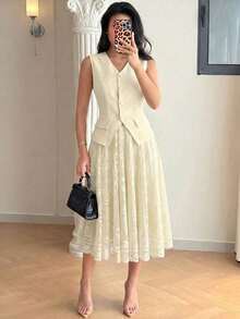 Modelyn Women's Spring/Summer Butter Yellow Pale Yellow Woven Sleeveless V-Neck Waist-Cinching Button-Up A-Line Elegant Commuter Top Lace Skirt 2 Pieces Set - Apricot - View 6