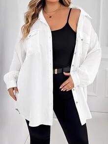 SHEIN CURVE+ 大尺碼休閒柔軟修身傳統優雅通勤牛仔效果襯衫，女款秋季教師節穿搭約會之夜辦公居家正式白色 - 白色 - 查看 7