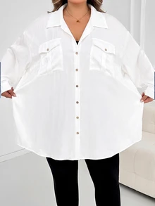 SHEIN CURVE+ 大尺碼休閒柔軟修身傳統優雅通勤牛仔效果襯衫，女款秋季教師節穿搭約會之夜辦公居家正式白色 - 白色 - 查看 4
