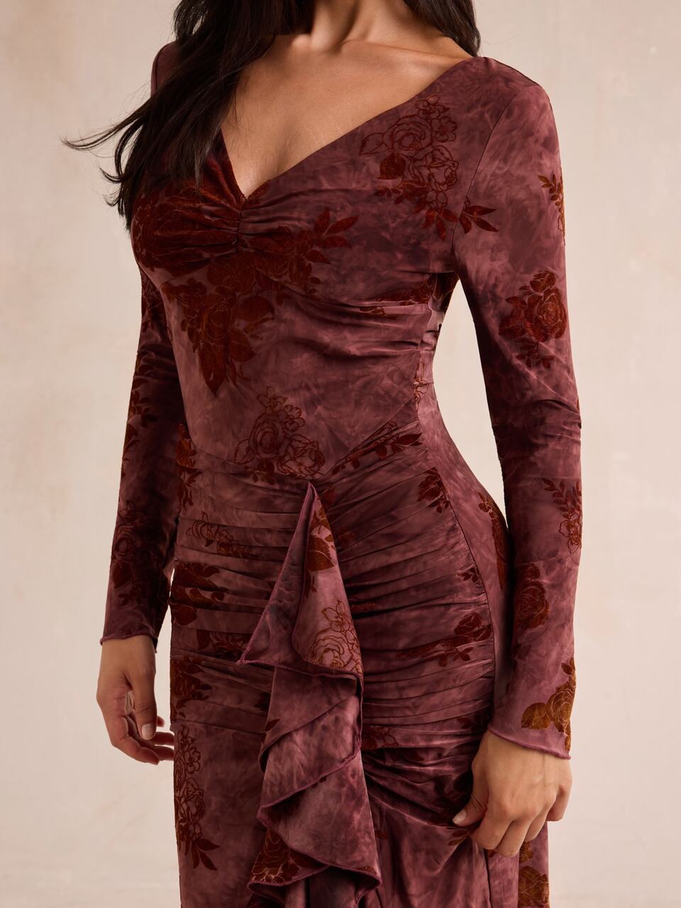 Enchnt Premium Autumn Romantic Women's Elegant Burgundy Slimming Flocking Long Dress, Party Dinner, Social, Luxury Evening, Festival Outfits