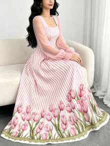 Modelyn 女款優雅粉色與白色垂直條紋鬱金香印花洋裝，時尚方領網紗泡泡長袖洋裝，收腰顯瘦喇叭裙，法式浪漫風女裝，適合夏季休閒與外出穿著 - 彩色 - 查看 5