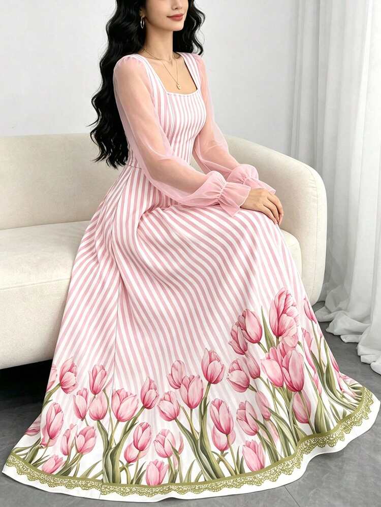 Modelyn Women's Elegant Pink & White Vertical Striped Tulip Print Dress, Fashion Square Neck Mesh Puff Long Sleeve Dress, Waist-Cinching Slimming Flared Dress, French Romantic Style Women's Clothing, Summer Casual And Outing Wear - Multicolor - View 5
