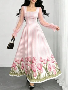 Modelyn 女款優雅粉色與白色垂直條紋鬱金香印花洋裝，時尚方領網紗泡泡長袖洋裝，收腰顯瘦喇叭裙，法式浪漫風女裝，適合夏季休閒與外出穿著 - 彩色 - 查看 3