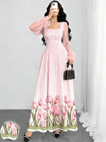 Modelyn 女款優雅粉色與白色垂直條紋鬱金香印花洋裝，時尚方領網紗泡泡長袖洋裝，收腰顯瘦喇叭裙，法式浪漫風女裝，適合夏季休閒與外出穿著 - 彩色 - 查看 1