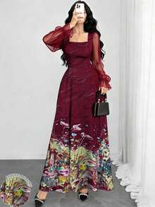 Modelyn 花卉油畫紋理圖案酒紅色法式風洋裝，女款時尚方領燈籠長袖設計優雅長洋裝，夏季收腰長洋裝，適合夏季度假與日常穿著 - 彩色 - 查看 1