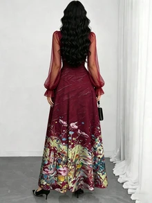 Modelyn 花卉油畫紋理圖案酒紅色法式風洋裝，女款時尚方領燈籠長袖設計優雅長洋裝，夏季收腰長洋裝，適合夏季度假與日常穿著 - 彩色 - 查看 2
