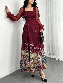 Modelyn 花卉油畫紋理圖案酒紅色法式風洋裝，女款時尚方領燈籠長袖設計優雅長洋裝，夏季收腰長洋裝，適合夏季度假與日常穿著 - 彩色 - 查看 3