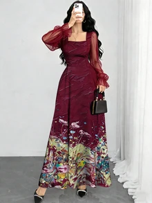 Modelyn 花卉油畫紋理圖案酒紅色法式風洋裝，女款時尚方領燈籠長袖設計優雅長洋裝，夏季收腰長洋裝，適合夏季度假與日常穿著 - 彩色 - 查看 6