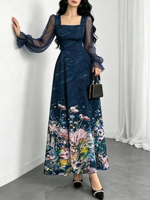 Modelyn 花卉油畫紋理海軍藍法式女裝方領燈籠長袖優雅收腰長洋裝，適合夏季度假與日常穿著 - 彩色 - 查看 4
