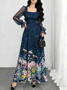 Modelyn 花卉油畫紋理海軍藍法式女裝方領燈籠長袖優雅收腰長洋裝，適合夏季度假與日常穿著 - 彩色 - 查看 6