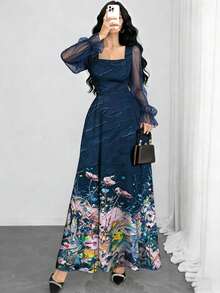 Modelyn 花卉油畫紋理海軍藍法式女裝方領燈籠長袖優雅收腰長洋裝，適合夏季度假與日常穿著 - 彩色 - 查看 5