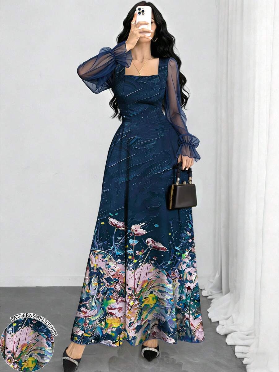 Modelyn 花卉油畫紋理海軍藍法式女裝方領燈籠長袖優雅收腰長洋裝,適合夏季度假與日常穿著 - 彩色 - 查看 1