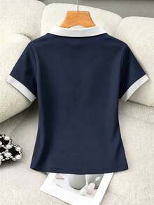 Rovax American Equestrian Small Stripe Print T-Shirt, Women's Short Waist Contrast Color Polo Shirt - Navy Blue - View 2