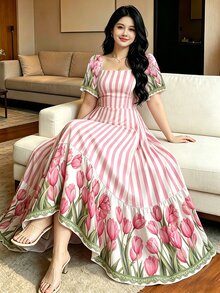 Modelyn 大尺碼粉色條紋與鬱金香花卉圖案法式風格洋裝，女款時尚方領大泡泡袖短袖洋裝，下擺荷葉邊設計，夏季度假風洋裝 - 彩色 - 查看 7