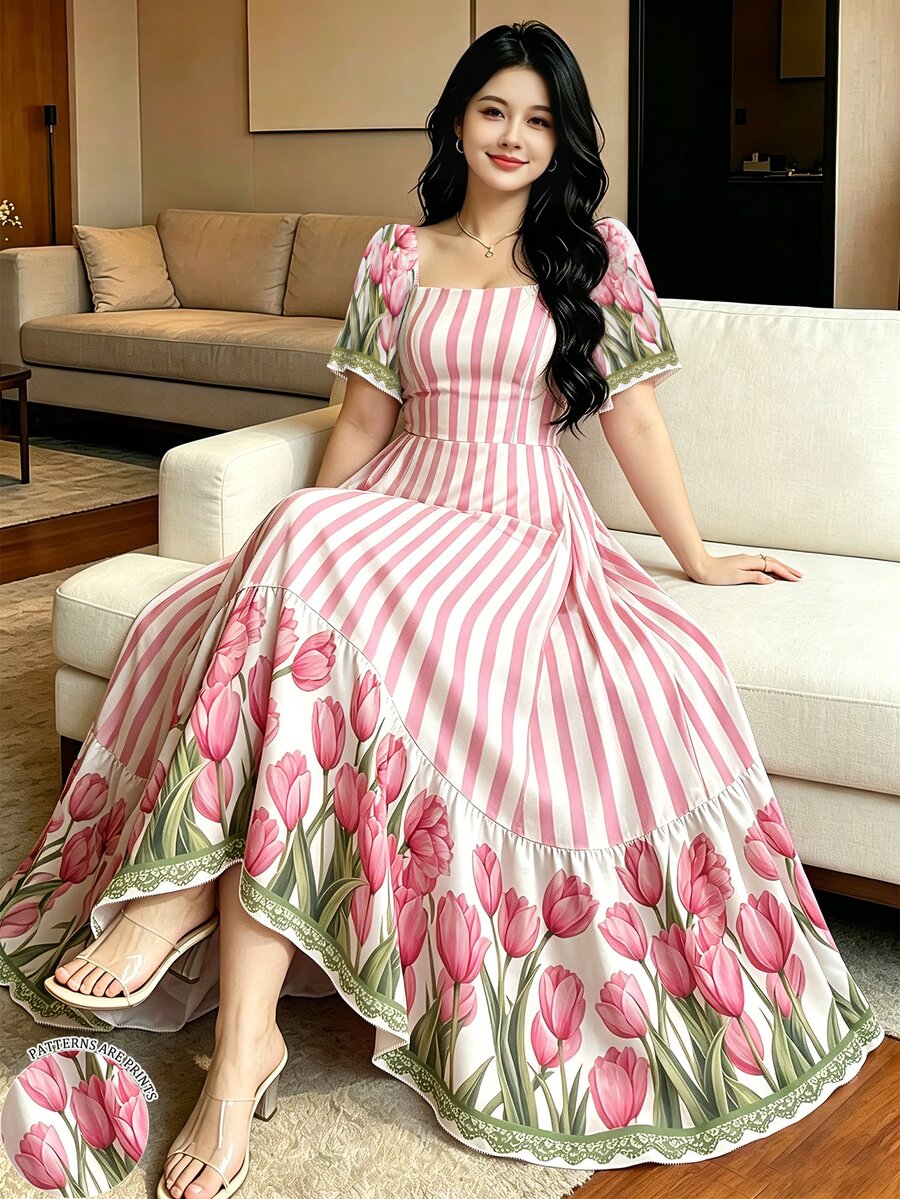 Modelyn 大尺碼粉色條紋與鬱金香花卉圖案法式風格洋裝,女款時尚方領大泡泡袖短袖洋裝,下擺荷葉邊設計,夏季度假風洋裝 - 彩色 - 查看 1