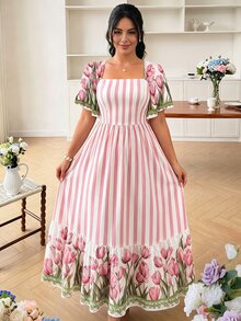 Modelyn 大尺碼粉色條紋與鬱金香花卉圖案法式風格洋裝，女款時尚方領大泡泡袖短袖洋裝，下擺荷葉邊設計，夏季度假風洋裝 - 彩色 - 查看 5