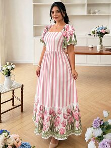 Modelyn 大尺碼粉色條紋與鬱金香花卉圖案法式風格洋裝，女款時尚方領大泡泡袖短袖洋裝，下擺荷葉邊設計，夏季度假風洋裝 - 彩色 - 查看 3