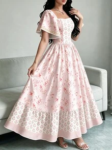 Modelyn 大尺碼女款鬱金香與花卉枝條印花洋裝，時尚方領大荷葉袖小飛袖設計，下擺荷葉邊，粉色花卉圖案，夏季度假風洋裝 - 彩色 - 查看 3
