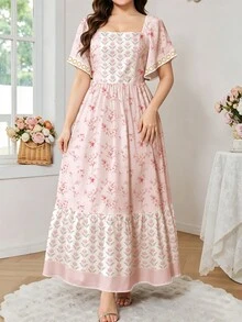 Modelyn 大尺碼女款鬱金香與花卉枝條印花洋裝，時尚方領大荷葉袖小飛袖設計，下擺荷葉邊，粉色花卉圖案，夏季度假風洋裝 - 彩色 - 查看 5