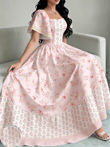 Modelyn 大尺碼女款鬱金香與花卉枝條印花洋裝，時尚方領大荷葉袖小飛袖設計，下擺荷葉邊，粉色花卉圖案，夏季度假風洋裝 - 彩色 - 查看 1