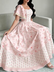 Modelyn 大尺碼女款鬱金香與花卉枝條印花洋裝，時尚方領大荷葉袖小飛袖設計，下擺荷葉邊，粉色花卉圖案，夏季度假風洋裝 - 彩色 - 查看 6