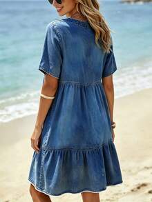 Breezaya Plus Size Women's Blue Casual Boho Printed V-Neck Short Sleeve Loose Mid-Length Dress Summer Beach Vacation - Multicolor - View 2