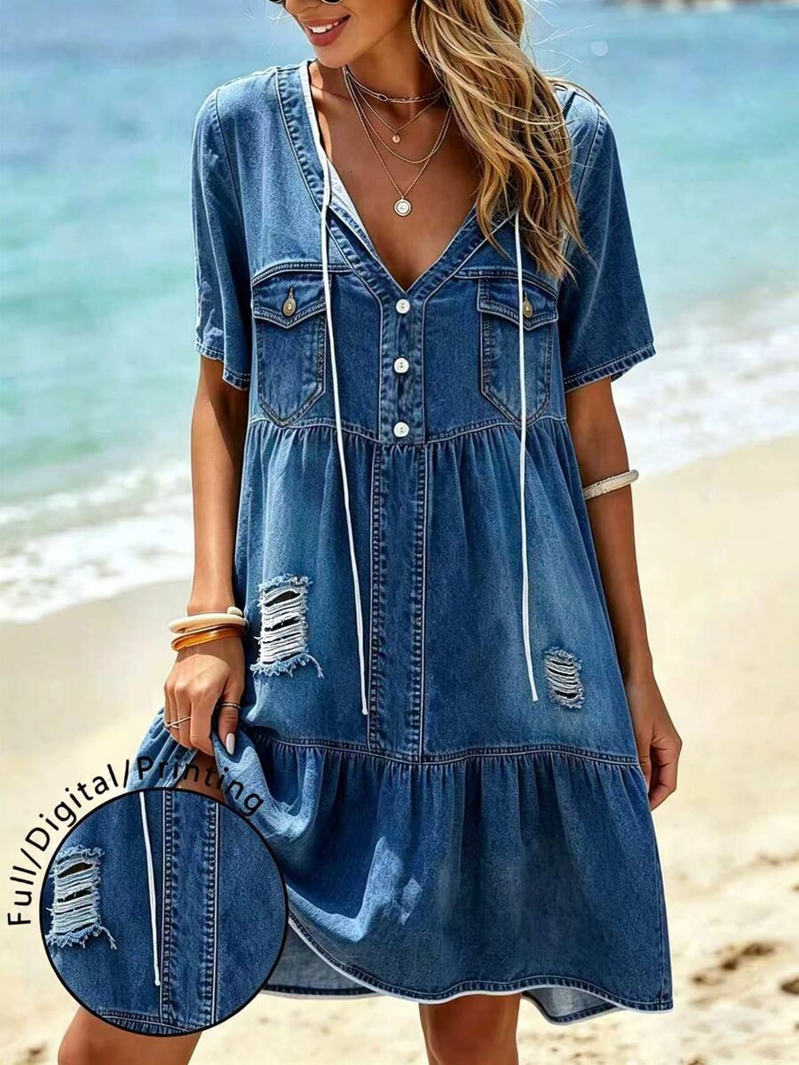 Breezaya Plus Size Women's Blue Casual Boho Printed V-Neck Short Sleeve Loose Mid-Length Dress Summer Beach Vacation - Multicolor - View 1