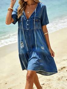 Breezaya Plus Size Women's Blue Casual Boho Printed V-Neck Short Sleeve Loose Mid-Length Dress Summer Beach Vacation - Multicolor - View 3
