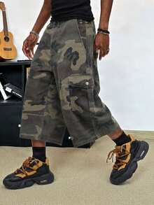 Manfinity Homme Men's Plus Size Camouflage Print Cargo Denim Capris - Army Green - View 3
