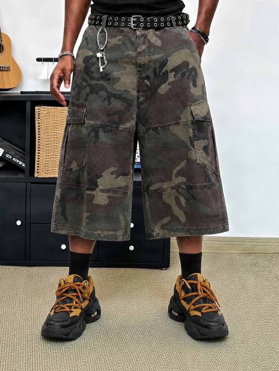 Manfinity Homme Men's Plus Size Camouflage Print Cargo Denim Capris - Army Green - View 1