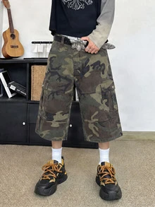 Manfinity Homme Men's Plus Size Camouflage Print Cargo Denim Capris - Army Green - View 5