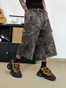 Manfinity Homme Men's Plus Size Camouflage Print Cargo Denim Capris - Army Green - View 4