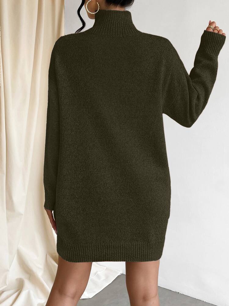 EURMUSE Casual Solid Color Stand Collar Knit Sweater Dress, Versatile For Autumn & Winter,Petite - Army Green - View 2