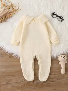 SHEIN Newborn Baby Sweater-Style Romper With Attached Socks, Peter Pan Collar + Delicate Embroidery, Long Sleeve Little Gentleman Style Beige Autumn Kawaii - Beige - View 2