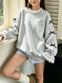 SHEIN Sparklyn Tween Girl Embroidered Sweatshirt, Vacation, Back To School, Fall, Winter - Grey - View 4