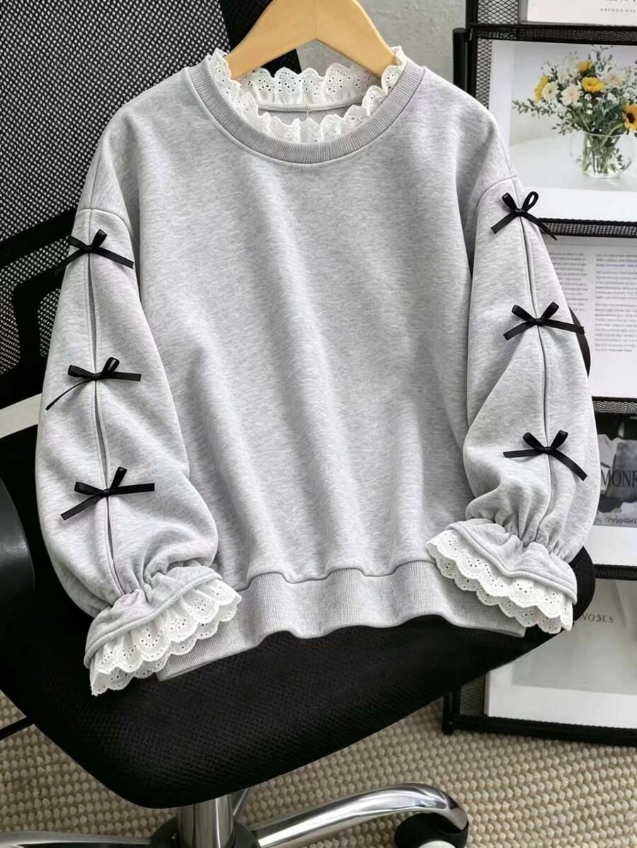 SHEIN Sparklyn Tween Girl Embroidered Sweatshirt, Vacation, Back To School, Fall, Winter - Grey - View 1
