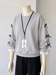 SHEIN Sparklyn Tween Girl Embroidered Sweatshirt, Vacation, Back To School, Fall, Winter - Grey - View 3