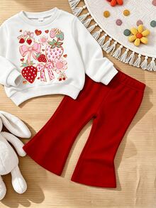 SHEIN Vintaside Kids 女嬰草莓蝴蝶結花卉印花圓領衛衣與喇叭褲套裝 秋冬喇叭褲 2件套紅色 - 彩色 - 查看 4