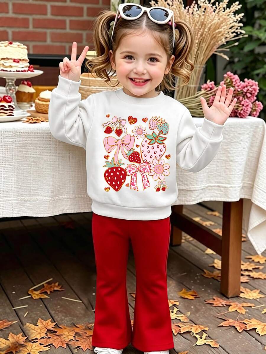 SHEIN Vintaside Kids 女嬰草莓蝴蝶結花卉印花圓領衛衣與喇叭褲套裝 秋冬喇叭褲 2件套紅色 - 彩色 - 查看 1