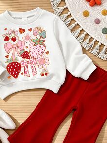 SHEIN Vintaside Kids 女嬰草莓蝴蝶結花卉印花圓領衛衣與喇叭褲套裝 秋冬喇叭褲 2件套紅色 - 彩色 - 查看 5
