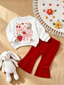 SHEIN Vintaside Kids 女嬰草莓蝴蝶結花卉印花圓領衛衣與喇叭褲套裝 秋冬喇叭褲 2件套紅色 - 彩色 - 查看 3